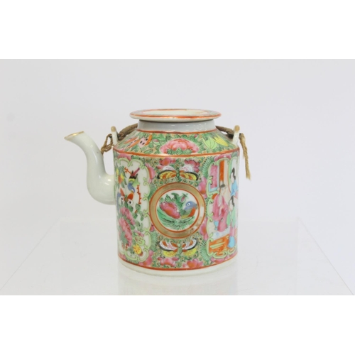 175 - Late 19th/early 20th century Chinese Canton enamel teapot of cylindrical form with two bound wire ha... 