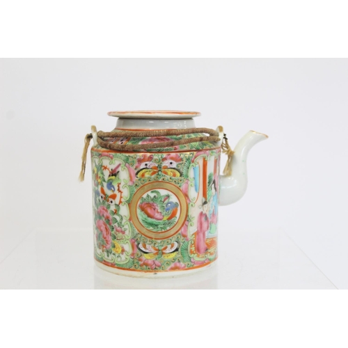 175 - Late 19th/early 20th century Chinese Canton enamel teapot of cylindrical form with two bound wire ha... 