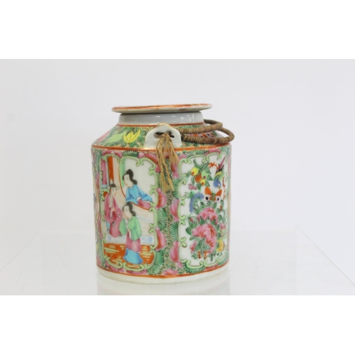 175 - Late 19th/early 20th century Chinese Canton enamel teapot of cylindrical form with two bound wire ha... 