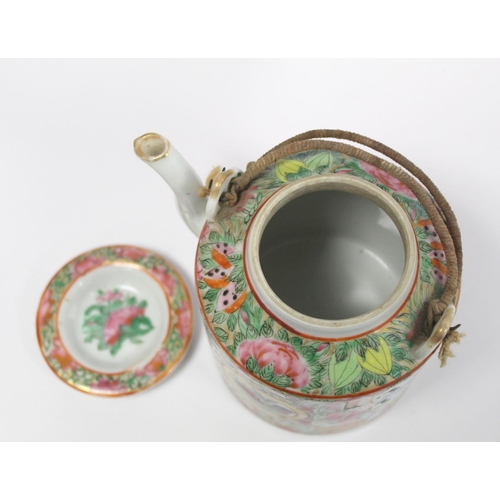 175 - Late 19th/early 20th century Chinese Canton enamel teapot of cylindrical form with two bound wire ha... 