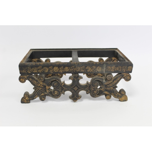 179 - Early 19th century Chinese export black lacquer box on pierced stand with painted gilt floral and sc... 