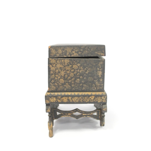 179 - Early 19th century Chinese export black lacquer box on pierced stand with painted gilt floral and sc... 