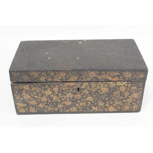 179 - Early 19th century Chinese export black lacquer box on pierced stand with painted gilt floral and sc... 