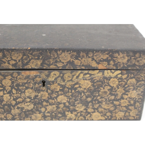 179 - Early 19th century Chinese export black lacquer box on pierced stand with painted gilt floral and sc... 