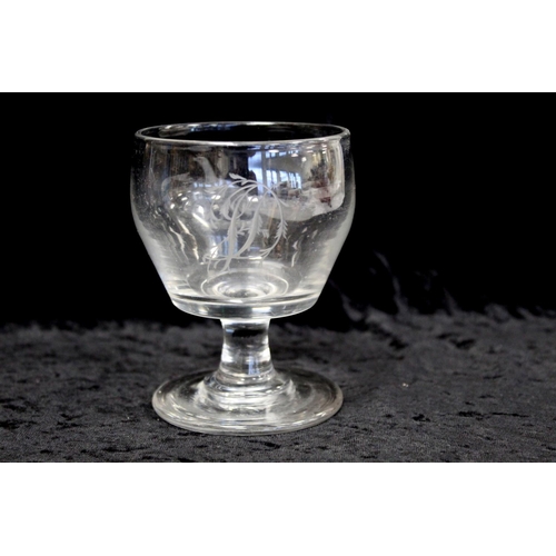 372 - 19th century glass rummer, the ogee bowl engraved with a peacock and monogram on short concave stem ... 