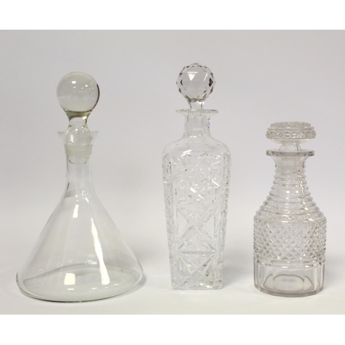 374 - Small Regency style cut glass decanter, 21cm high; another of tapered square form, 29cm high and a b... 