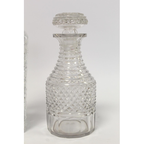 374 - Small Regency style cut glass decanter, 21cm high; another of tapered square form, 29cm high and a b... 