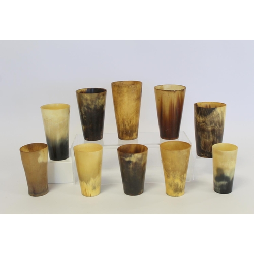 389 - Collection of ten horn beakers, the largest 13cm high, the smallest 9½cm high.  (10).