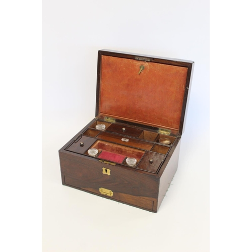 391 - Victorian rosewood lady's travelling toilet or vanity box with inlaid brass handle and escutcheon, f... 