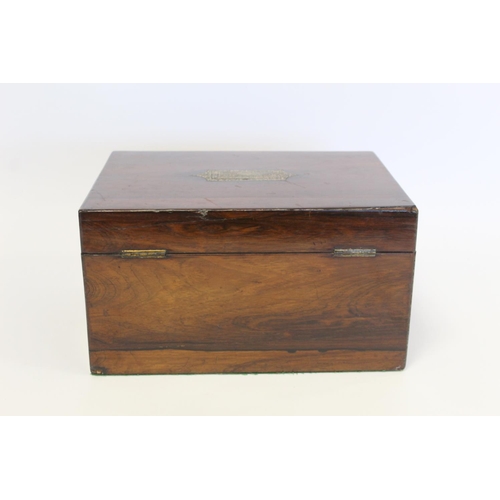 391 - Victorian rosewood lady's travelling toilet or vanity box with inlaid brass handle and escutcheon, f... 