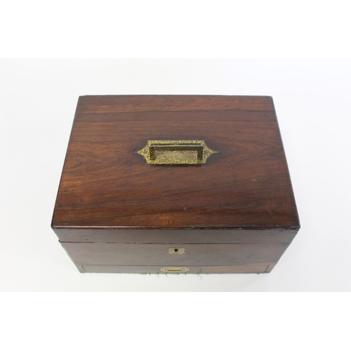 391 - Victorian rosewood lady's travelling toilet or vanity box with inlaid brass handle and escutcheon, f... 