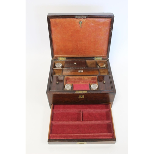 391 - Victorian rosewood lady's travelling toilet or vanity box with inlaid brass handle and escutcheon, f... 