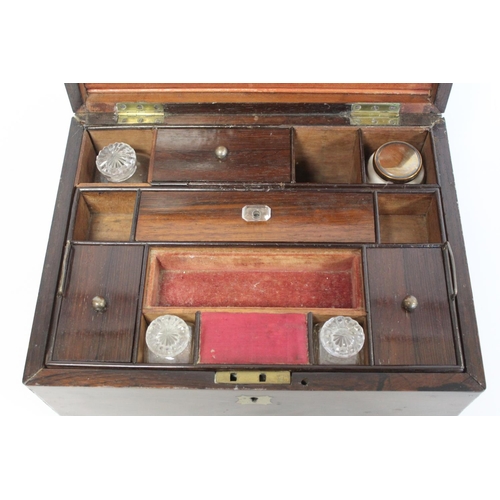 391 - Victorian rosewood lady's travelling toilet or vanity box with inlaid brass handle and escutcheon, f... 