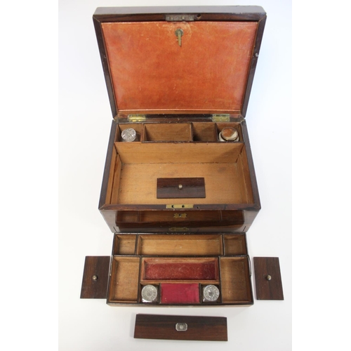 391 - Victorian rosewood lady's travelling toilet or vanity box with inlaid brass handle and escutcheon, f... 