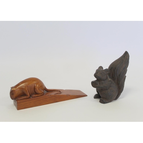 393 - Wooden door wedge in the form of a mouse on a block of cheese, 20cm long and a cast iron figure of a... 