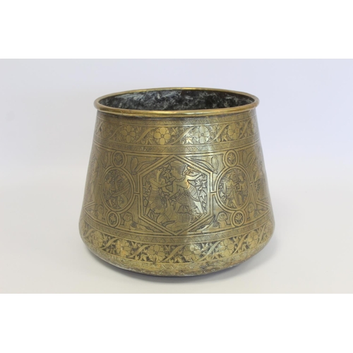 394 - Egyptian brass pot of tapered circular form with incised panels depicting gods, mythical creatures, ... 