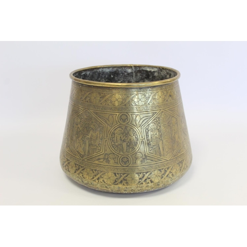 394 - Egyptian brass pot of tapered circular form with incised panels depicting gods, mythical creatures, ... 