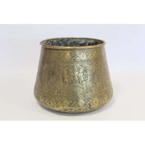 394 - Egyptian brass pot of tapered circular form with incised panels depicting gods, mythical creatures, ... 