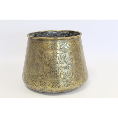 394 - Egyptian brass pot of tapered circular form with incised panels depicting gods, mythical creatures, ... 