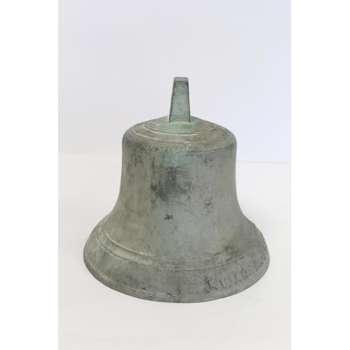 401 - Victorian large bronze bell by J. Warner & Sons Ltd., London, dated 1900, lacking clapper. 28cm ... 