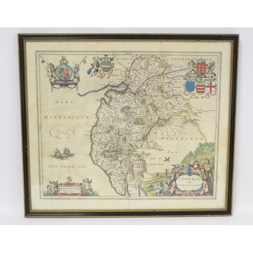 402 - Blaeu, Cumbria Vulgo, Cumberland, 17th century antique hand coloured engraved map with text in Dutch... 