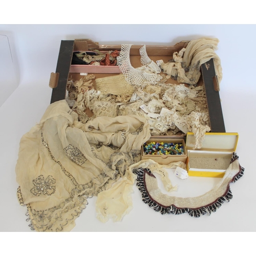 409 - Quantity of Victorian and later passementerie including lace and beadwork, two boxes of loose beads ... 