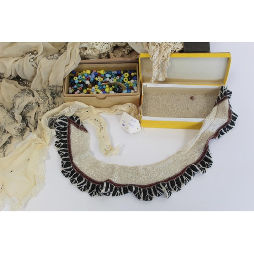 409 - Quantity of Victorian and later passementerie including lace and beadwork, two boxes of loose beads ... 