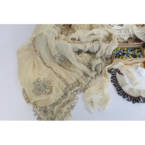 409 - Quantity of Victorian and later passementerie including lace and beadwork, two boxes of loose beads ... 