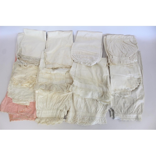 410 - Thirteen pairs of Victorian and later bloomers, some with lace edging, broderie anglaise, etc.