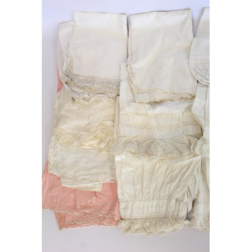 410 - Thirteen pairs of Victorian and later bloomers, some with lace edging, broderie anglaise, etc.