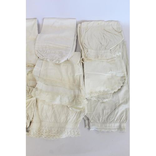 410 - Thirteen pairs of Victorian and later bloomers, some with lace edging, broderie anglaise, etc.