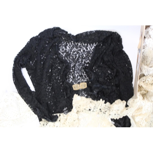 411 - Small quantity of antique lace and crochet work including 1920's black lace jacket, lace bodice, var... 