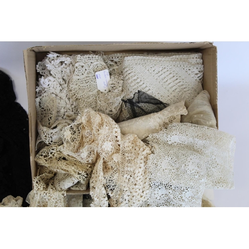 411 - Small quantity of antique lace and crochet work including 1920's black lace jacket, lace bodice, var... 