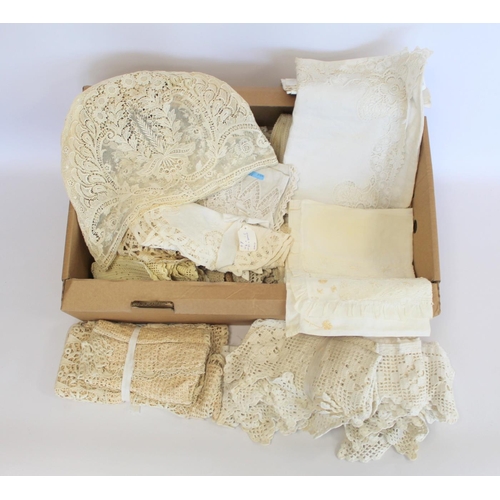 412 - Box of antique linen, lace and crochet work including lace tea cosy cover, doilies, antimacassars, n... 