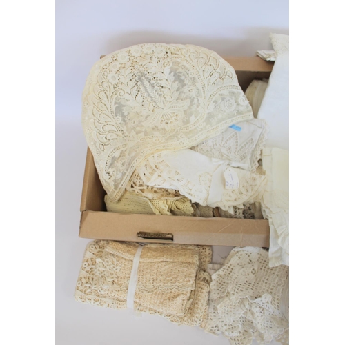 412 - Box of antique linen, lace and crochet work including lace tea cosy cover, doilies, antimacassars, n... 