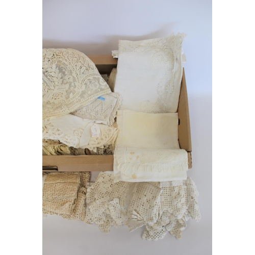 412 - Box of antique linen, lace and crochet work including lace tea cosy cover, doilies, antimacassars, n... 