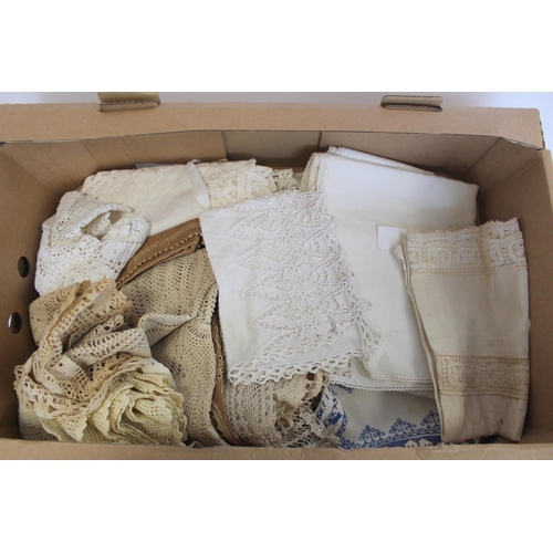 412 - Box of antique linen, lace and crochet work including lace tea cosy cover, doilies, antimacassars, n... 