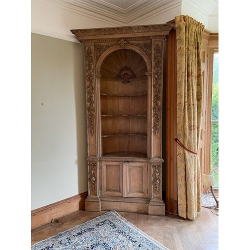 643 - Impressive pair of George III carved pine open corner cabinets, each with foliate carved pediment an... 