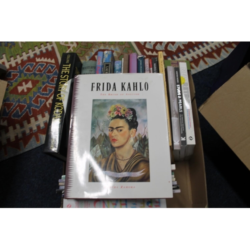 206 - Two boxes containing books to include Frida Kahlo Brush of Anguish, and other reference books.