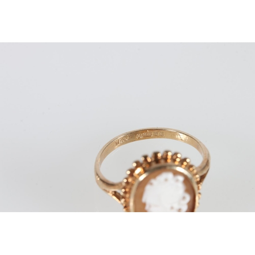 486 - 9k gold signet ring by James Harrison, Chester, size S, 9k shell cameo ring, size N/O,  and 9k dress... 