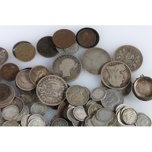 489 - Quantity of, mainly UK, coins to include Victorian half crowns, threepence, and some continental and... 