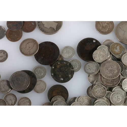 489 - Quantity of, mainly UK, coins to include Victorian half crowns, threepence, and some continental and... 