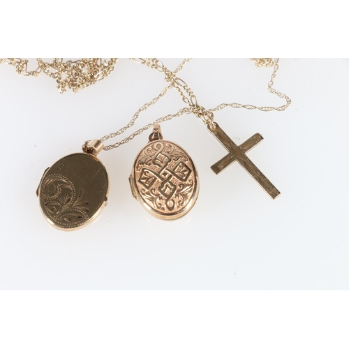 492 - 9k gold crucifix with gold chain, a locket with gold chain, and another locket with Celtic design, 8... 