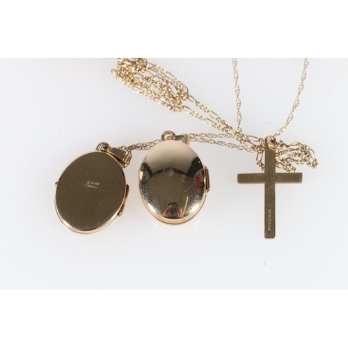 492 - 9k gold crucifix with gold chain, a locket with gold chain, and another locket with Celtic design, 8... 