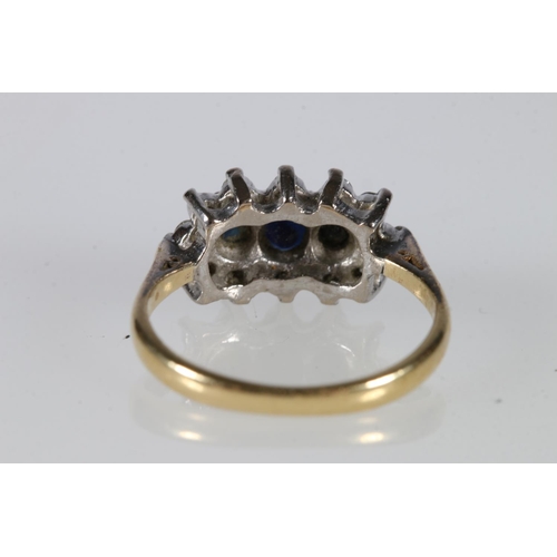 526 - 18ct gold sapphire and diamond dress ring, makers marks 'M J', 3.7g gross.