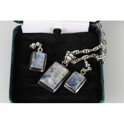 533 - Silver and moonstone pendant on chain and a pair of matching earrings.