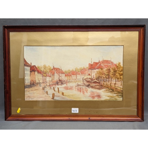 403 - J T MALINES, Continental river scene, watercolour, signed and dated 1922 lower left, 25cm x 45cm, fr... 