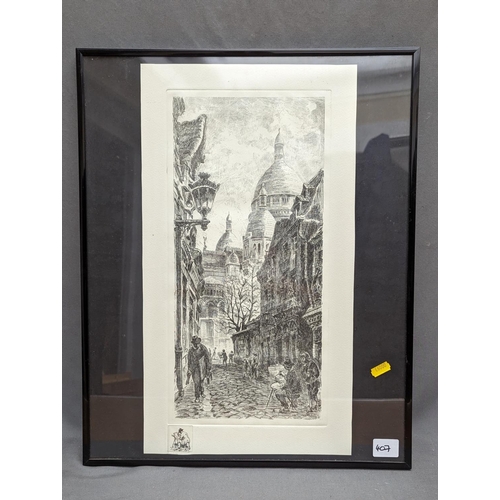 407 - AIME EDMOND DALLEMAGNE (French 1831-1914), Parisian street scene, etching, signed to the plate, 39cm... 