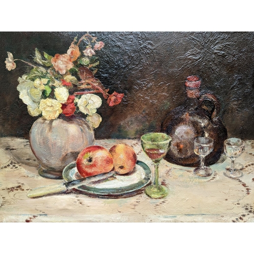 415 - 20TH CENTURY SCHOOL, Still life table top with vase of flowers and apple, oil on canvas, unsigned, 4... 