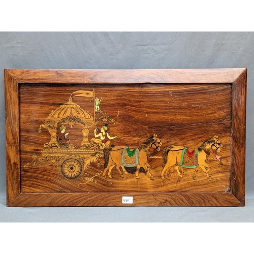 421 - INDIAN SCHOOL, horses pulling carriage, marquetry and penwork panel, 41cm x 71cm.